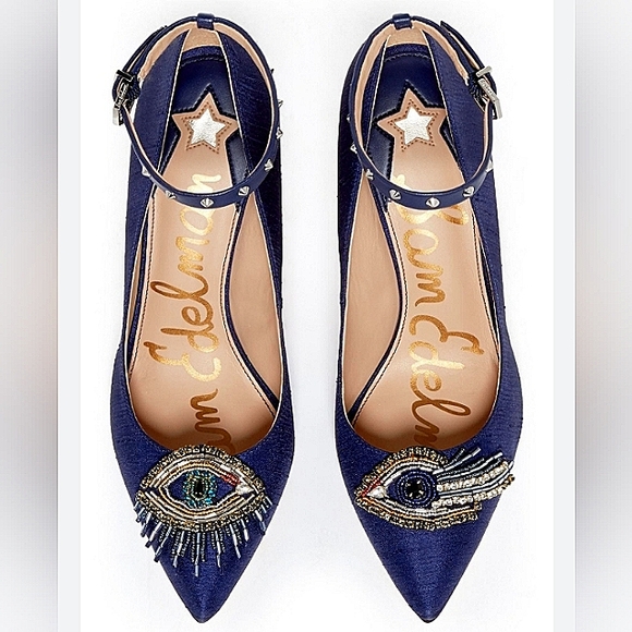 Sam Edelman Shoes - Sam Edelman Blue Hermione Beaded Eye Silk Studded Navy Ankle Strap Heel …